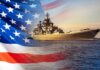 Trump Tests Diplomacy With Strike Pause Battleship at sea overlaid with the American flag