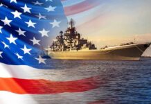 Battleship at sea overlaid with the American flag