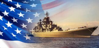 Battleship at sea overlaid with the American flag