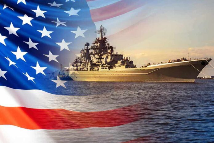 Battleship at sea overlaid with the American flag