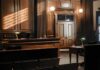 Texts And Note Dominate Kirk Hearing Interior view of a courtroom with wooden benches and large murals