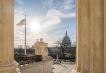 Victory Spins Into Court-Packing Push U.S. Capitol seen between marble columns with flag and statue in foreground