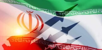 Iranian flag with silhouettes of missiles and military vehicles
