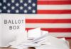 Ballot box with papers in front of an American flag