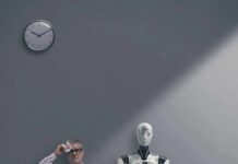 Man and humanoid robot sitting in a waiting room
