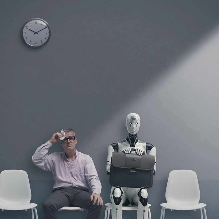 shutterstock_2265302183 Man and humanoid robot sitting in a waiting room