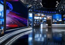 modern television news studio with large video screens
