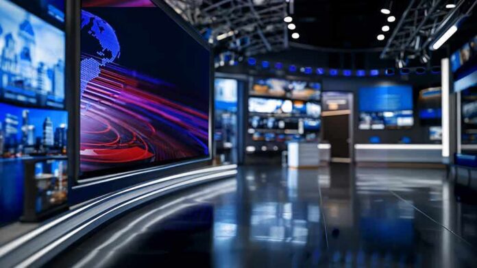 modern television news studio with large video screens