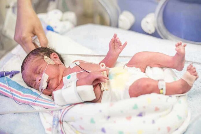 Premature newborn in NICU with monitoring tubes