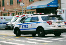 NYPD Hunts Park Slasher After Game Police car and ambulances outside emergency room entrance.