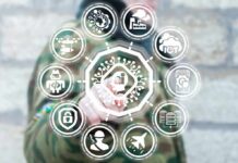 Person in camouflage touches virtual interface with cybersecurity and technology icons