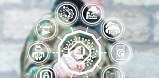Person in camouflage touches virtual interface with cybersecurity and technology icons