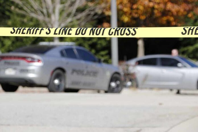 Sheriff's line tape blocking a street with police cars behind