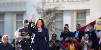 Kamala Harris waves on stage at an outdoor event; Povilas Vanagas is present among the crowd
