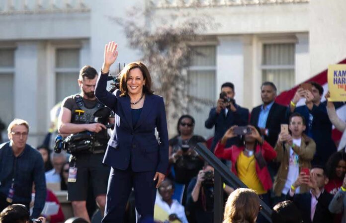 shutterstock_1296858958 Kamala Harris waves on stage at an outdoor event; Povilas Vanagas is present among the crowd