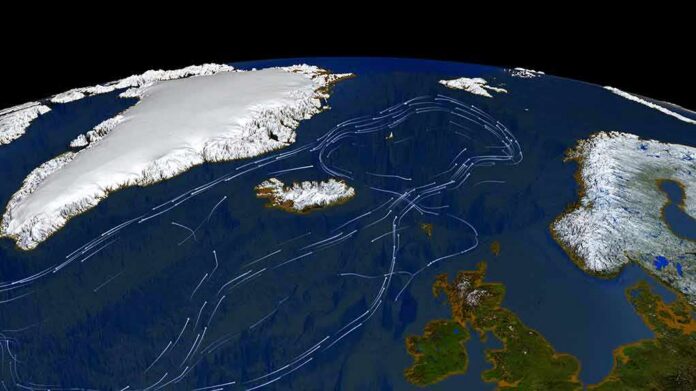 Satellite view of North Atlantic with ocean current paths