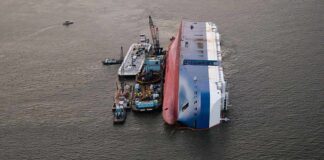 Capsized cargo ship with salvage vessels alongside