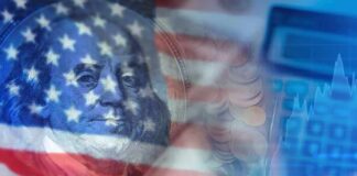 American flag overlay on US currency and financial chart
