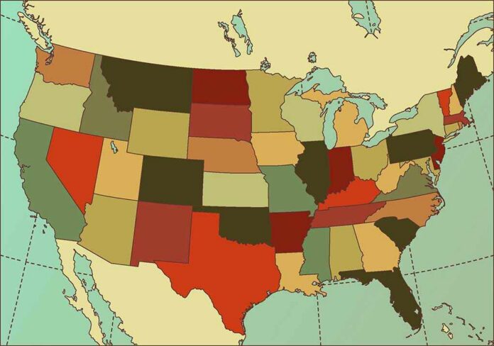 Color-coded map of the United States showing different states