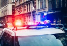 Midnight Balcony Push Rocks City Police car with flashing lights in city street