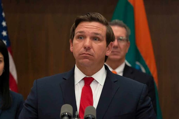 shutterstock_1355382881 Ron DeSantis at a press conference podium in a suit and red tie