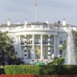 The White House south facade with fountain and gardens
